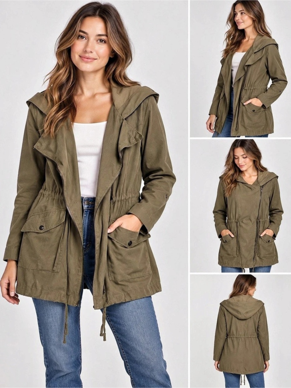 Be Cool Harper Olive Lightweight Utility Jacket with Hood Size Medium